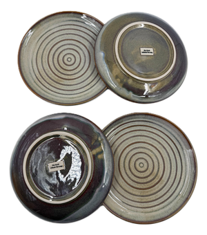 Vietnamese Dual-Glaze Stoneware Ceramic Dinner Plates With Spiral Motif - Set of 4