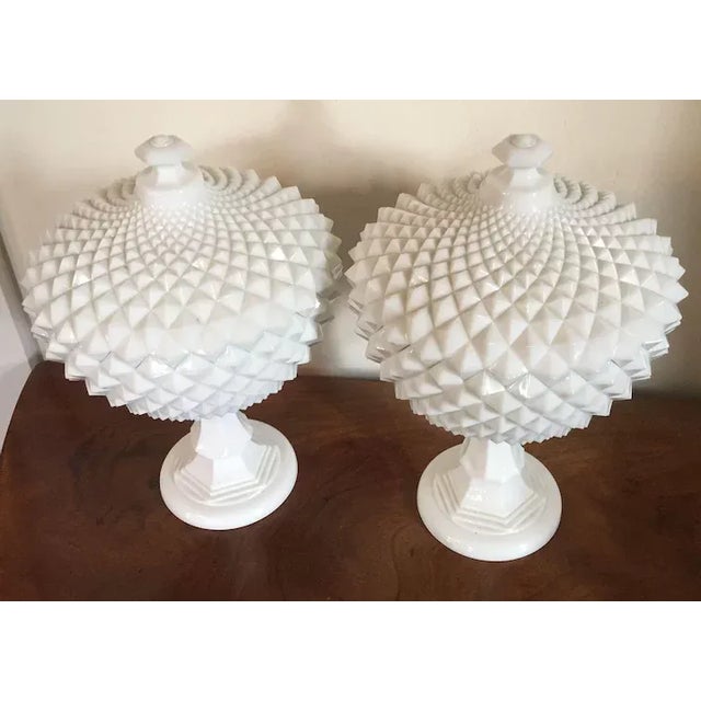 Vintage Milk Glass Covered Centerpiece Bowl with Saw Tooth Design - a Pair For Sale In New York - Image 6 of 12