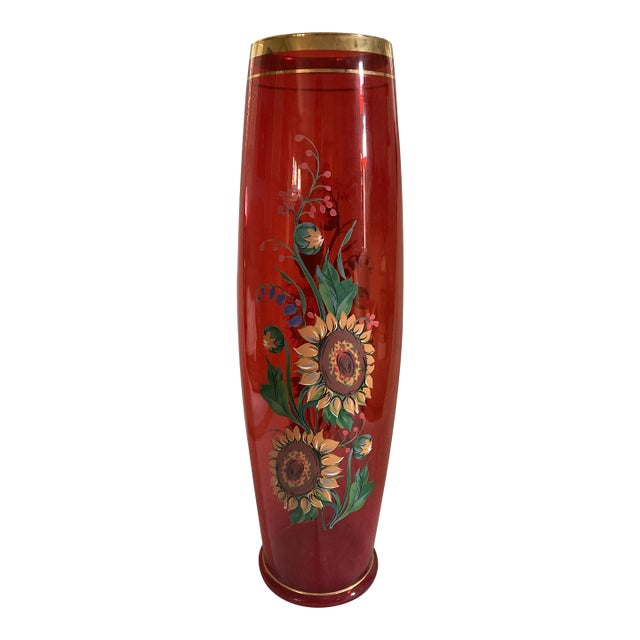 Vintage Norleans Red Hand Painted Cylinder Glass Vase Sunflower Floral Italy 22k Gold Accent For Sale