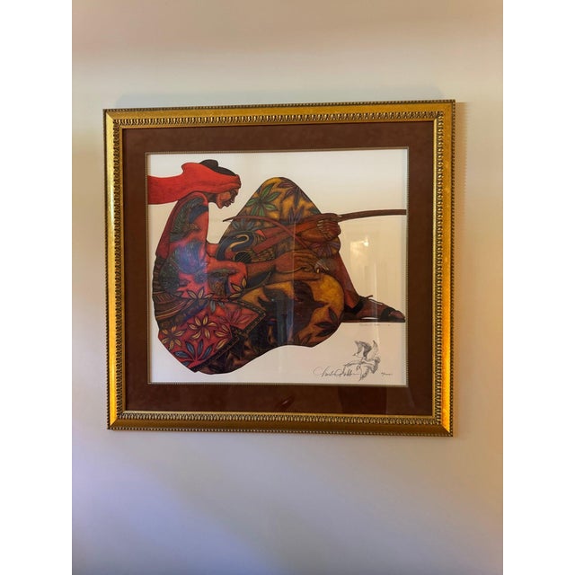 Framed artist's proof by Charles A. Bibbs, "The Music Maker", 1998, showing a seated musician in Bibbs' patterned figural...