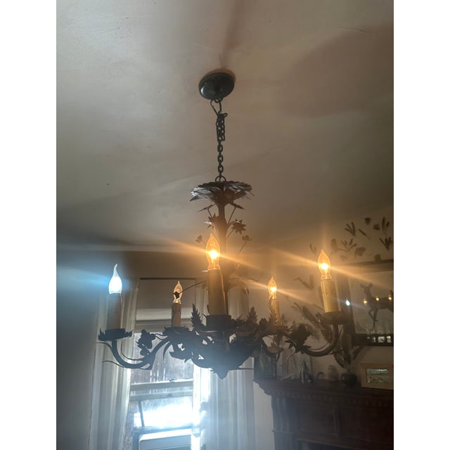 Stunning five-arm French Provincial chandelier crafted from gilt iron with intricate leaf detailing. Elegant and timeless,...