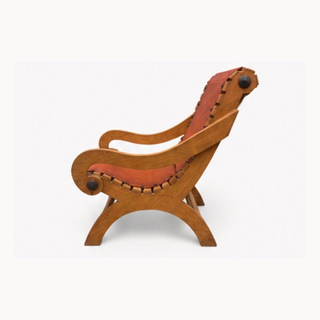 Clara Porset Vintage Pine & Leather Butaque Lounge Chairs in the Style of Clara Porset - William Spratling For Sale - Image 4 of 9