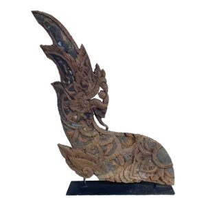Large 19th Century Thai Wood Naga Roof Finial Sculpture on Iron Stand