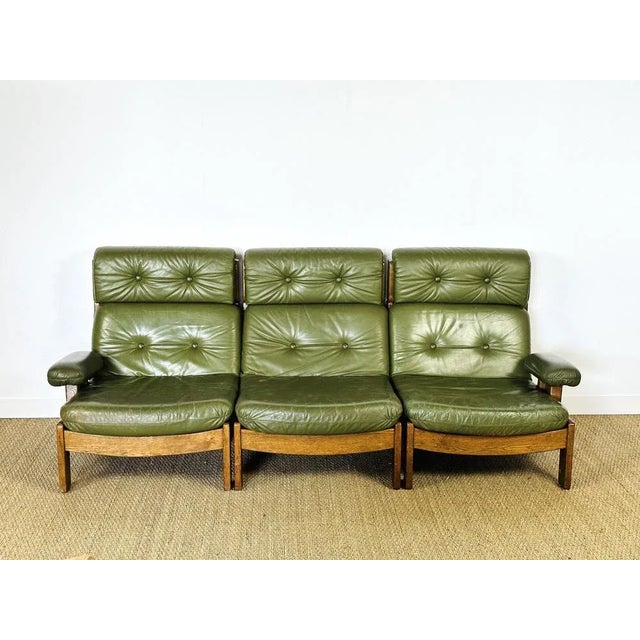Modular Scandinavian Sofa in Green Leather, 1960s, Set of 3 For Sale - Image 11 of 11