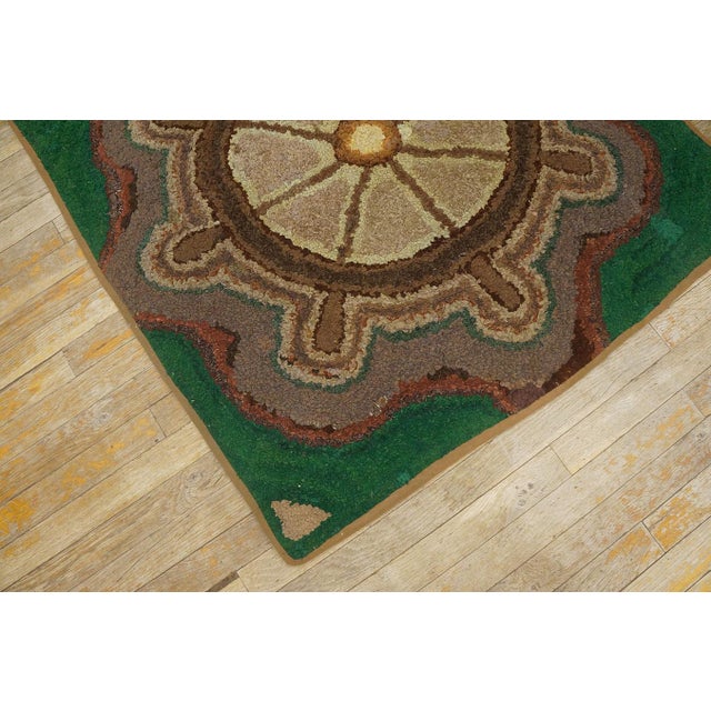 1930s Green Medallion Antique American Hooked Rug 3'4" X 3'6" Knotted Wool Carpet For Sale - Image 11 of 11