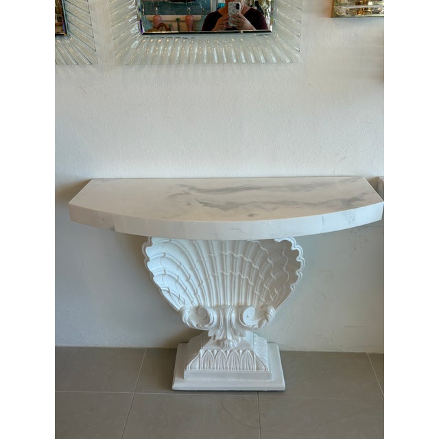 Grosfeld House Seashell Shell Scalloped Pair Demi Lune Wall Console Table Marble For Sale - Image 18 of 18