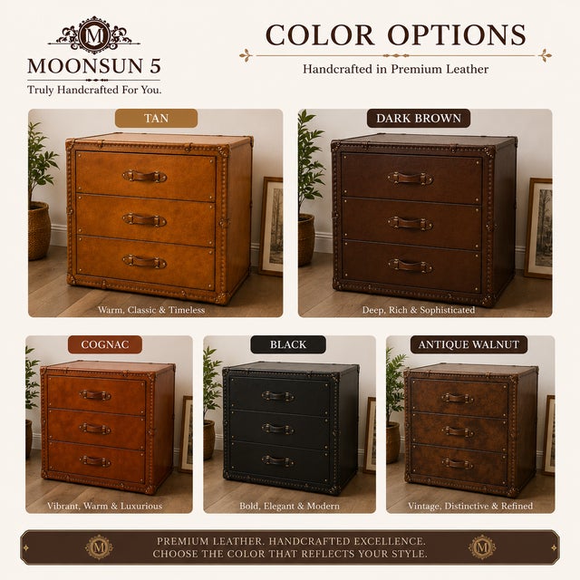 Tan Luxury Tan Leather 3 Drawer Console, Handmade Leather Chest of Drawers, Vintage Trunk Style Nightstand, Brass Studded Storage Cabinet For Sale - Image 8 of 12
