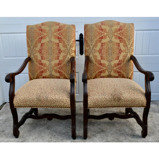 Tan Laneventure Wood Arm Chairs Tudor Style Carved Stretcher Base Vintage Pair For Sale - Image 8 of 12
