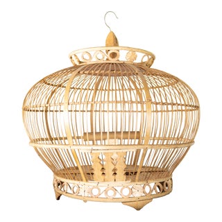 Asian Bamboo and Rattan Round Hanging Bird Cage For Sale