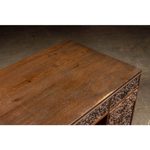 Brown Hand-Carved Indonesian Floral Kneehole Desk For Sale - Image 8 of 16