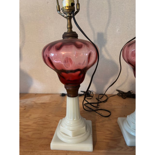 Dark Pink Pair of 19th Century Milk Glass Base Electrified Oil Lamps For Sale - Image 8 of 9