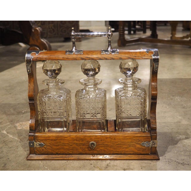 19th Century 3-Bottle English Oak and Silver Plated Locking Decanter Set For Sale - Image 14 of 18