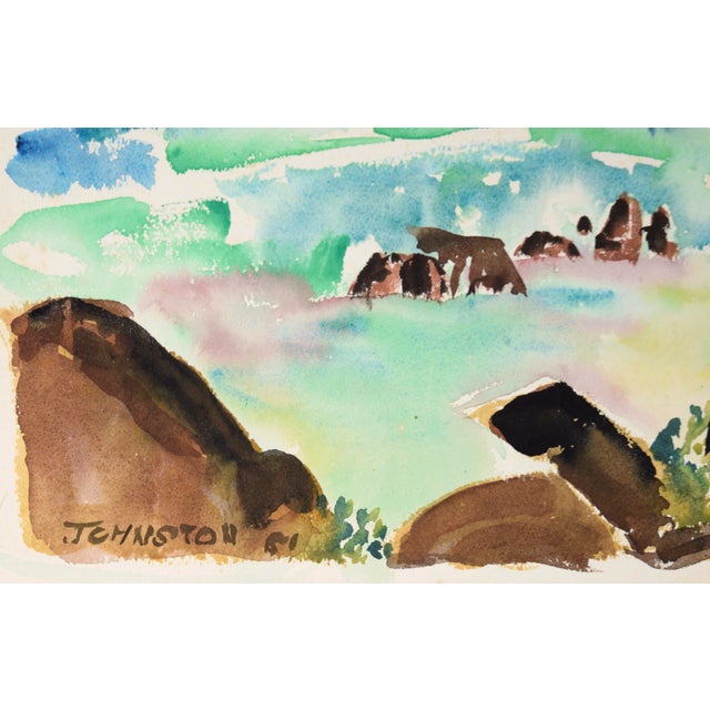 Brown Modernist Rocky Californian Seascape in Watercolor on Paper by Lucile Marie Johnston For Sale - Image 8 of 9