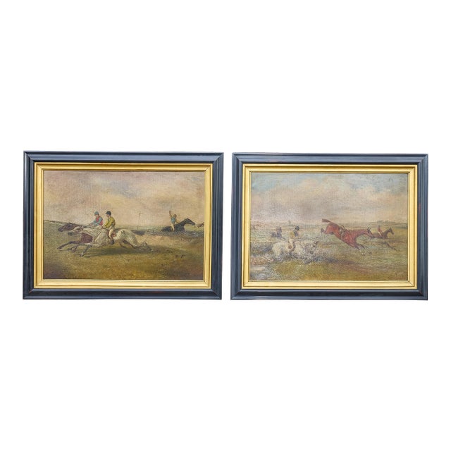 Mid 20th Century Pair of British Steeplechase Horse Racing Paintings on Board, Framed For Sale