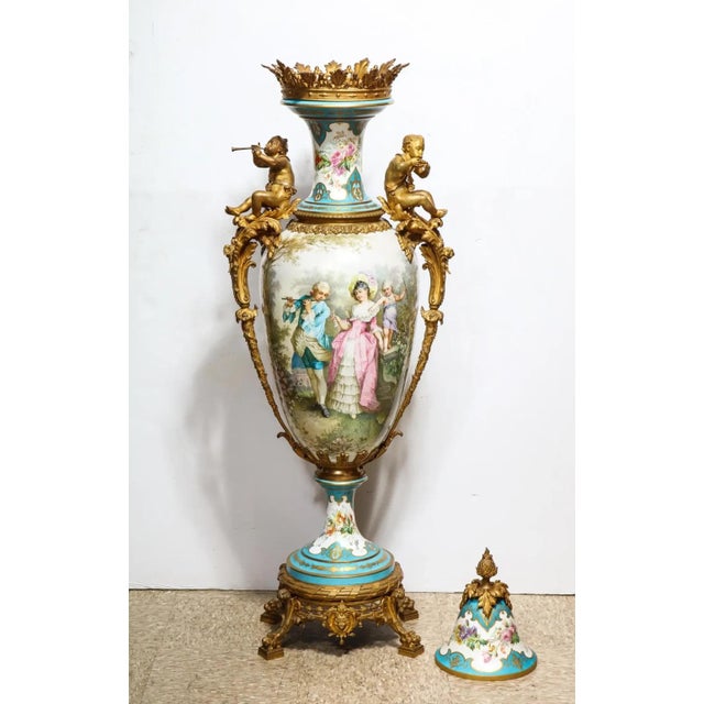Turquoise Mid 19th Century Palatial French Ormolu-Mounted Sevres Porcelain Hand-Painted Vase and Cover For Sale - Image 8 of 18