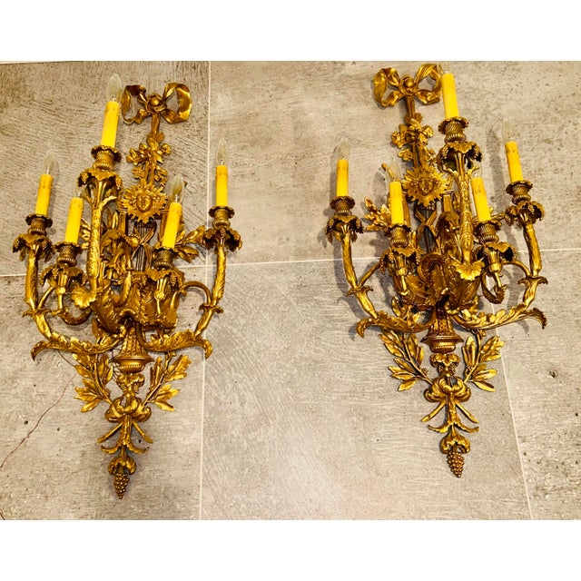 1990s 1990s Pair of Gold Colored Metal Hard Wired Sconces With 5 Candelabras For Sale - Image 5 of 5