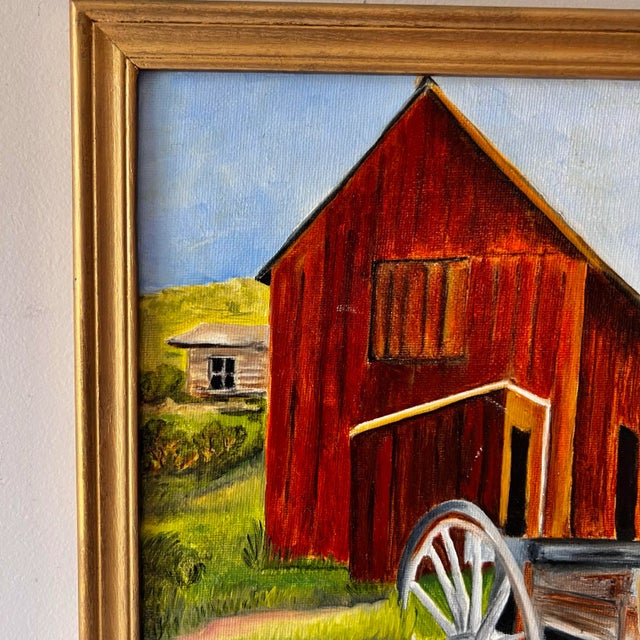 Late 20th Century Late 20th Century Vintage Framed Colorful Farm Barn Landscape Painting in Gold Gilt Frame For Sale - Image 5 of 6