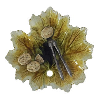 Antique English Majolica Nuts & Nutcracker on Leaf Dish Trompe l'Oeil Bretby Pottery For Sale