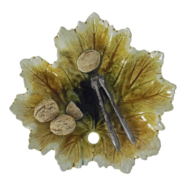 Antique English Majolica Nuts & Nutcracker on Leaf Dish Trompe l'Oeil Bretby Pottery For Sale