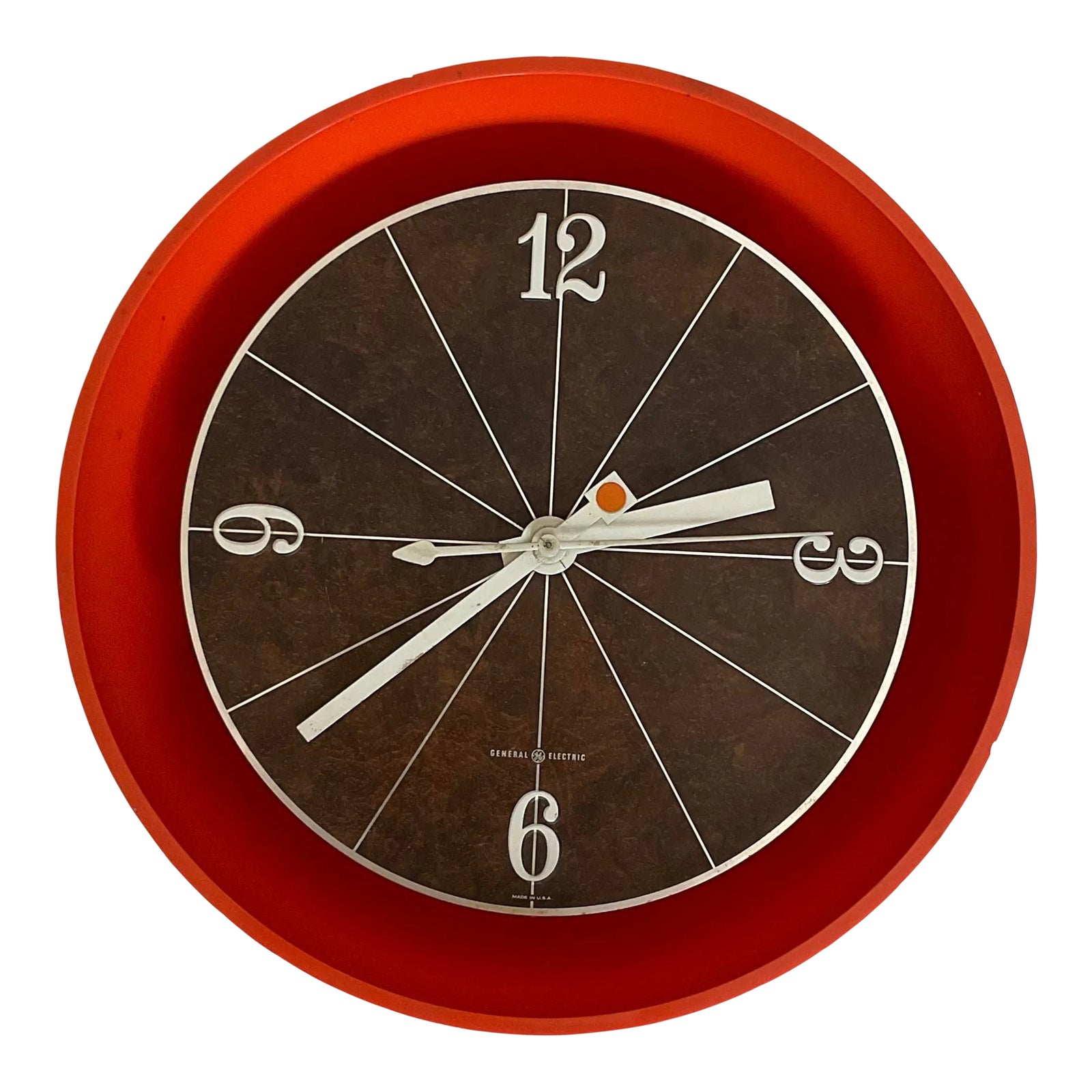 Mid Century General Electric Plastic Wall Clock Orange Burl Face, Circa