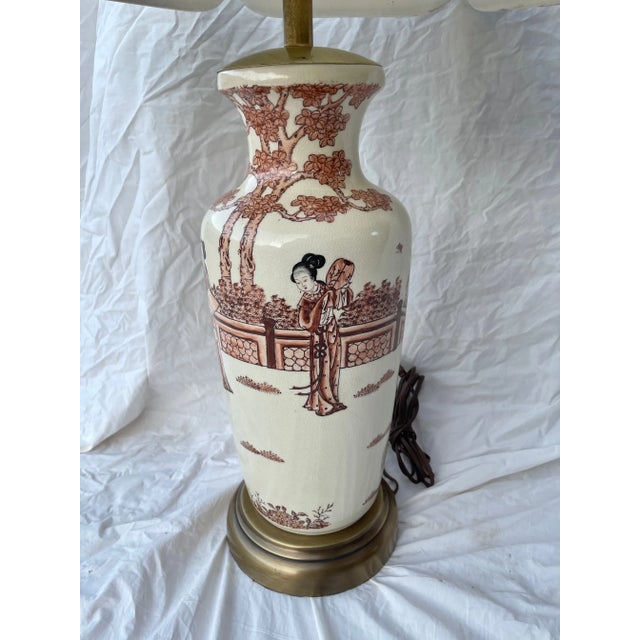 Chinoiserie Vintage Chinoiserie Porcelain Table Lamp W/Silk Pagoda Shade For Sale - Image 3 of 10