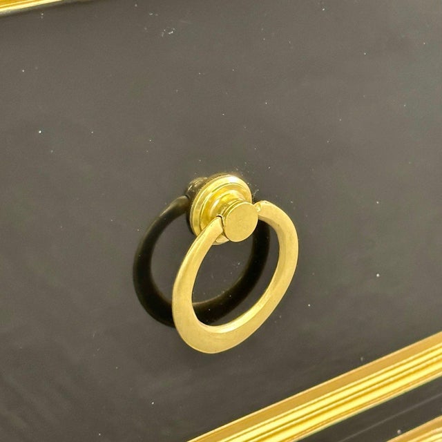 Dorothy Draper Style, Hollywood Regency, Black Lacquer, Gilt, Brass, Commodes, A Pair For Sale - Image 10 of 10