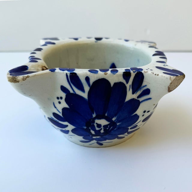 Antique French Hand-Painted Stoneware Mortar – Blue & White Pottery – Early 20th Century For Sale In Buffalo - Image 6 of 8