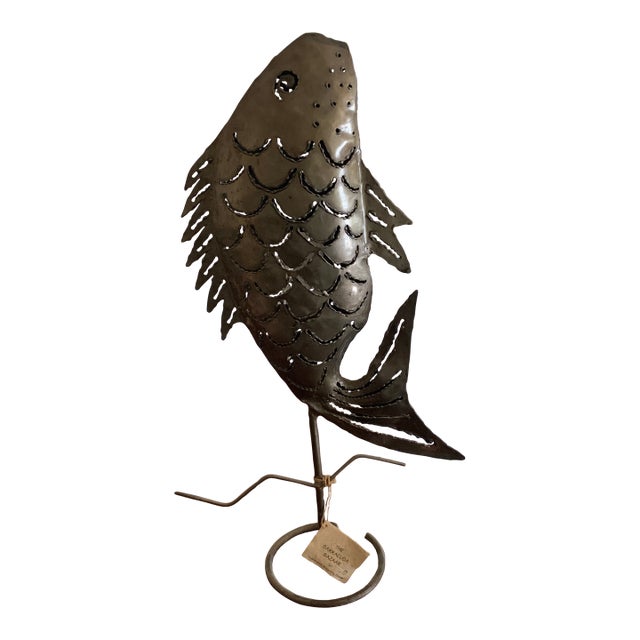 Vintage Rustic Metal Fish Sculpture & Candle Holder – The Barracuda Bazaar For Sale