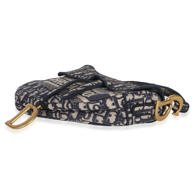 Textile Blue Oblique Embroidered Medium Saddle Bag For Sale - Image 7 of 8