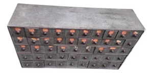 Mid 20th Century Primitive Industrial Parts Cabinet Handmade Wooden Cheese Box Drawers