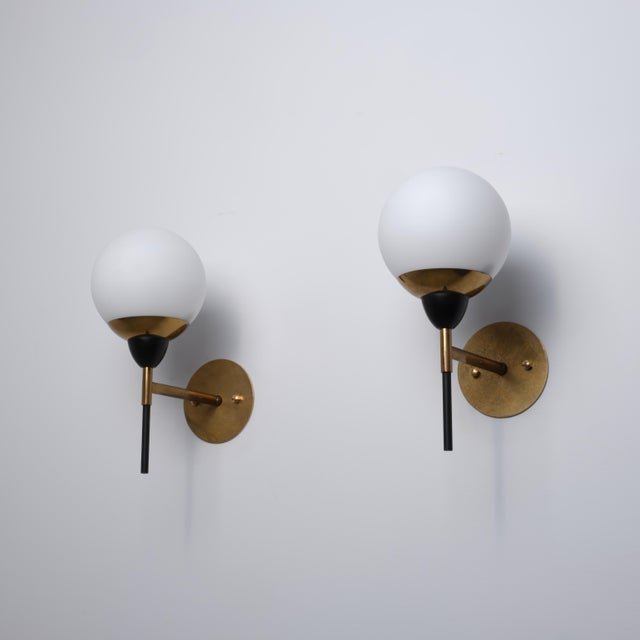 Metal Vintage Italian Wall Sconces in Brass with Black Metal and Opaline Glass, 1950s, Set of 2 For Sale - Image 7 of 10