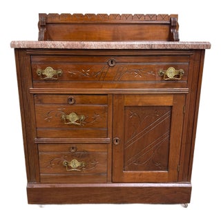 Antique Victorian Eastlake Style Walnut and Marble Top Cabinet Commode Washstand For Sale