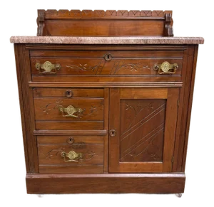 Antique Victorian Eastlake Style Walnut and Marble Top Cabinet Commode Washstand