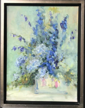 "Soft Blues" Contemporary Impressionist Style Floral Still Life Oil Painting, Framed