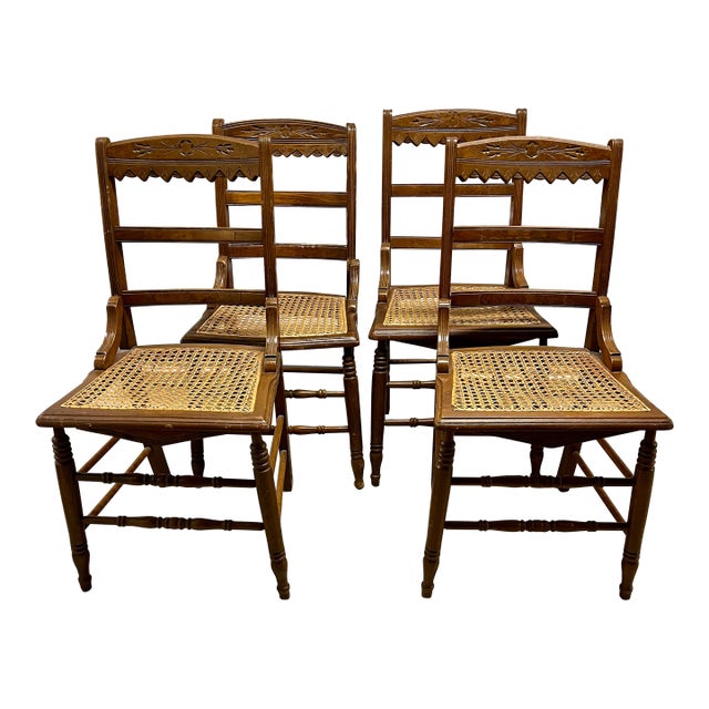 Antique Late 1800s Eastlake Chairs With Cane Seats - Set of 4 For Sale