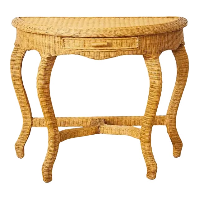 French Midcentury Organic Modern Wicker Demilune Console For Sale