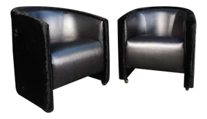 Pair of Black Vintage Club Chairs in Velvet and Vinyl