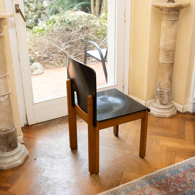 Set of 4 1970s Designer Chairs Refined, original 1970s chairs, an example of essential and elegant design. The frame is...