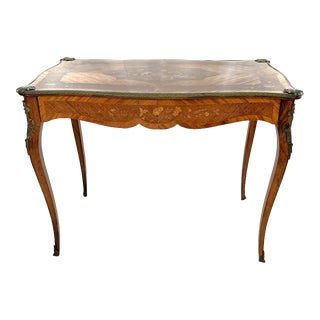 Early 20th Century French Louis XVI Style Wood Marquetry Desk With Drawer and Bronze Details For Sale