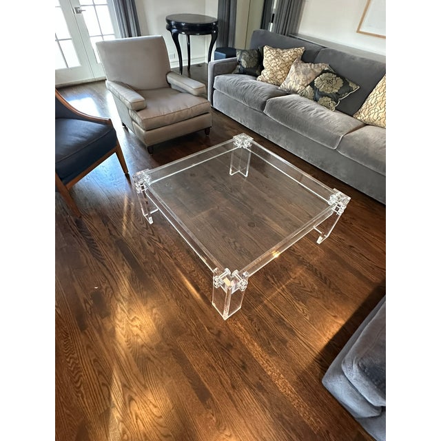Transitional Thick Polished Lucite Base Glass Top Square Coffee Table For Sale - Image 11 of 11
