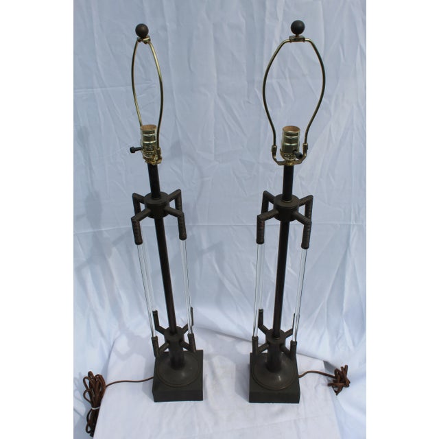 Metal Deco Glass Rods Bronze Table Lamps with Cast Marble Bases - a Pair For Sale - Image 7 of 11