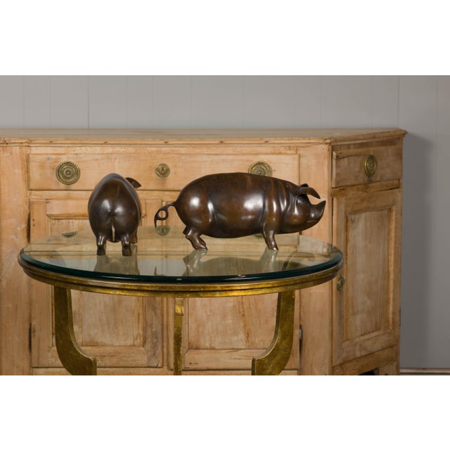 Pair of American Midcentury Bronze Pig Sculptures in Dark Patina For Sale - Image 4 of 12