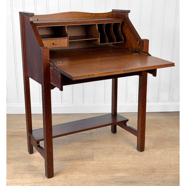 Wood Antique Arts & Crafts Quartersawn Oak Drop Front Secretary Desk For Sale - Image 7 of 15