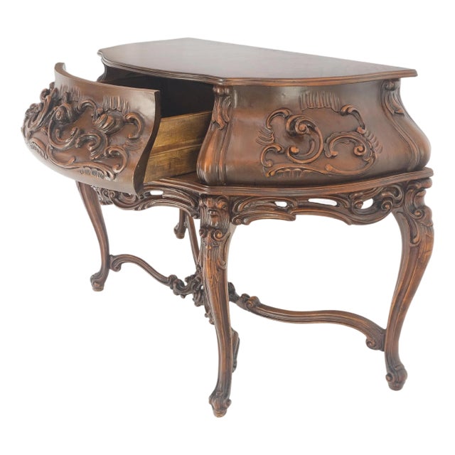 Heavily Carved Decorative Demi Lune Style Burl Walnut Top Console Table For Sale