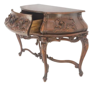Heavily Carved Decorative Demi Lune Style Burl Walnut Top Console Table