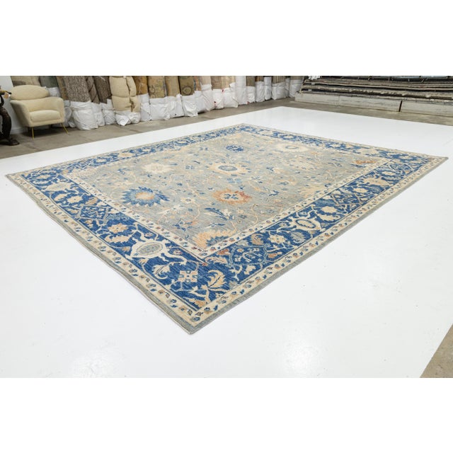 Modern Modern Oushak Style Hand-Knotted Wool Rug - Slate Blue & Cream Floral For Sale - Image 3 of 11