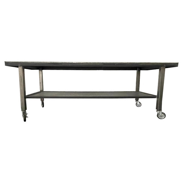 Vintage Style Metal Industrial Table on Wheels, circa 2000 For Sale