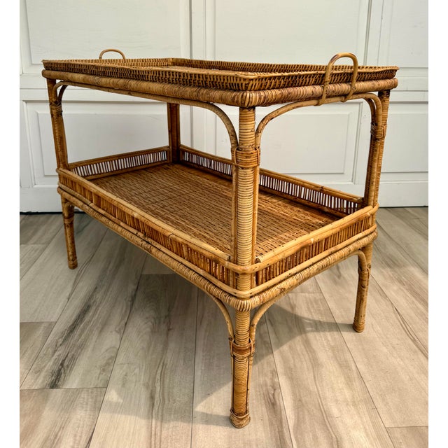 Vintage Bamboo, Rattan & Wicker Two-Tier Console Display Table With Tray Top For Sale - Image 11 of 15