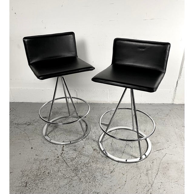 Vintage Italian Modern “Dania” High Bar Stools in Leather & Chrome by