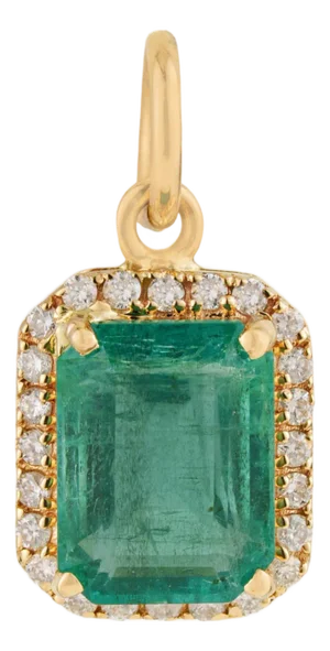 Art Deco Charm 1.55ct Emerald Diamond Halo Pendant in 14k Yellow Gold